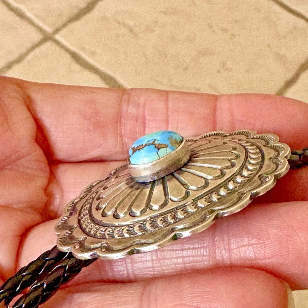 Navajo Golden‎ Hills Blue Turquoise Bolo Tie Sterling Signed TF Native American